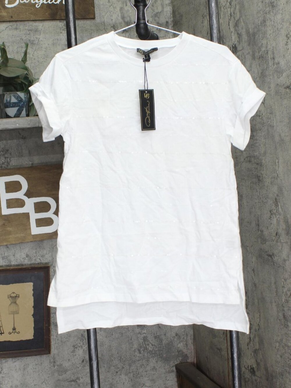 Dg2 White By Diane Gilman Rolled Short Sleeve Sequin Stripe Shirt Top Sz S